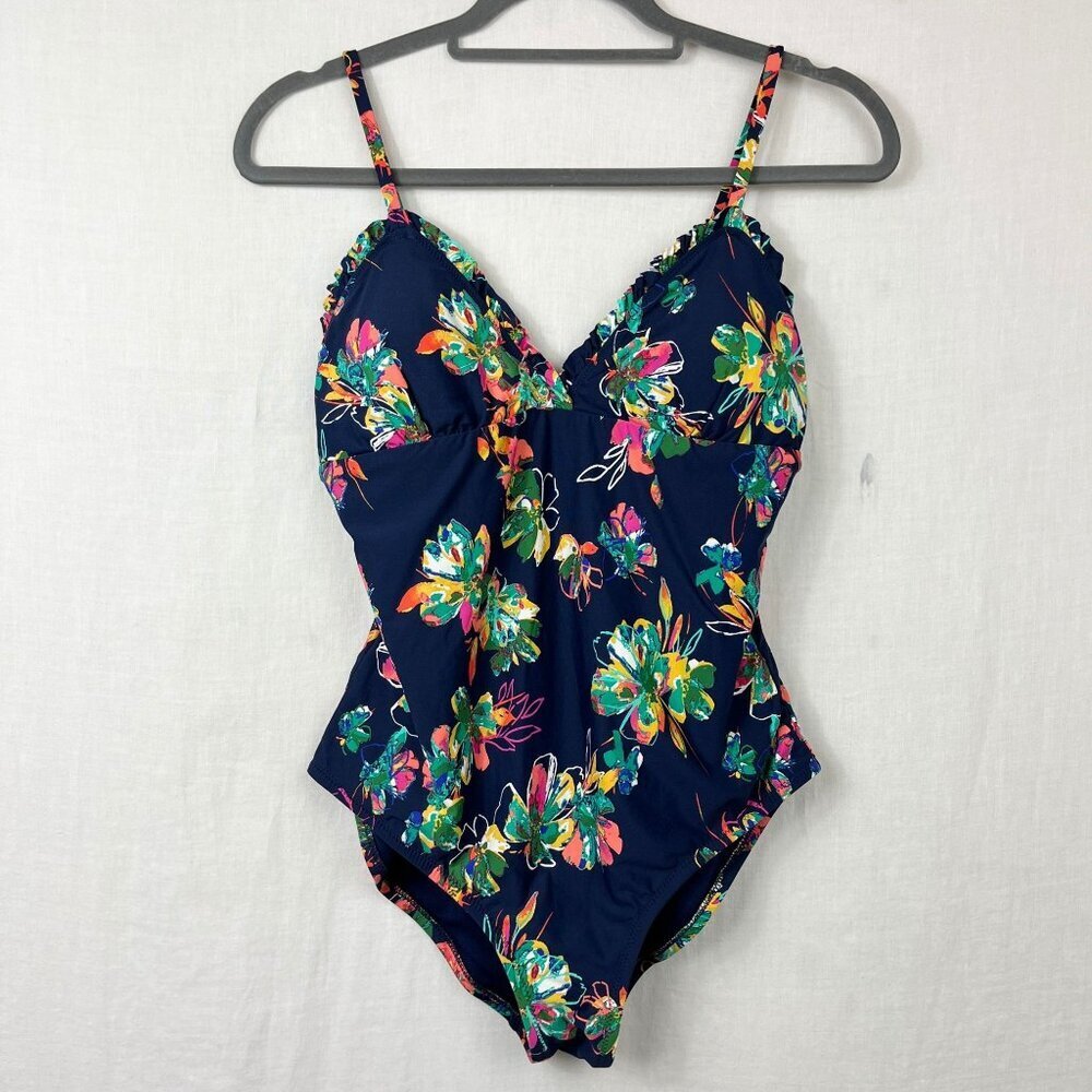 Sea Angel One Piece Floral Swimsuit Women L Navy Blue Ruffle Sweet Bright Padded
